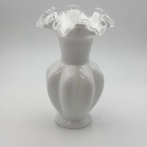 Fenton Silver Crest White Milk Glass Ruffled Top Scalloped Melon Vase 8"Tall